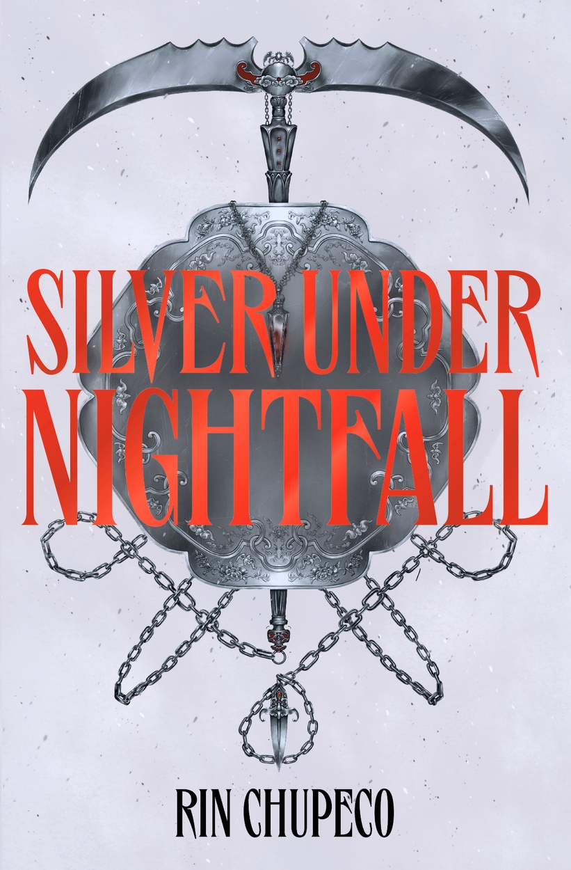 Book cover for 'Silver Under Nightfall' by Rin Chupeco. A strange looking weapon/brooch with bat-like knives on the top fills the cover. I have no idea how to describe this cover.