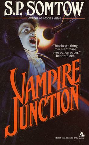 Book cover for 'Vampire Junction' by SP Somtow. A boy dressed in a stereotypical vampire costume can be seen singing into a microphone.