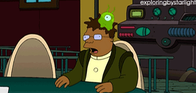 Animated GIF of a scene from Futurama showing a character with a mind-controlling brain slug on its head, causing the character's eyes to spin in different directions while sitting at a table.