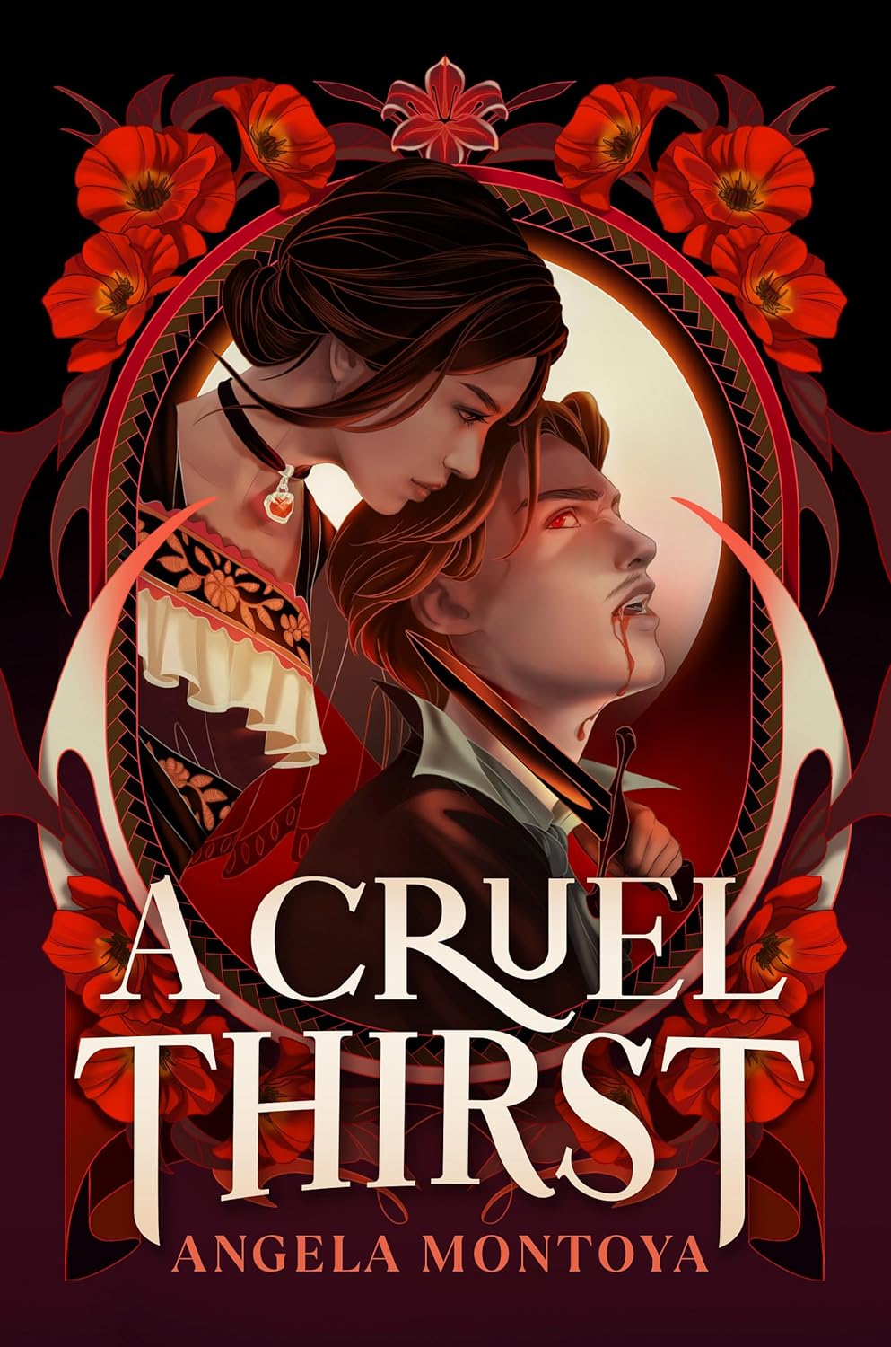 Book cover for 'A Cruel Thirst' by Angela Montoya. An illustration of a man and woman in period Mexican clothing are surrounded by red flowers. The man's eyes are red and a trail of blood can be seen from his mouth.