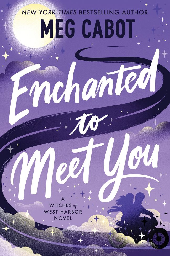 Book cover for 'Enchanted to Meet You' by Meg Cabot. A road winds around the cover against a purple sky. A silhouette of two people riding a motorcycle can be seen in the bottom right corner.
