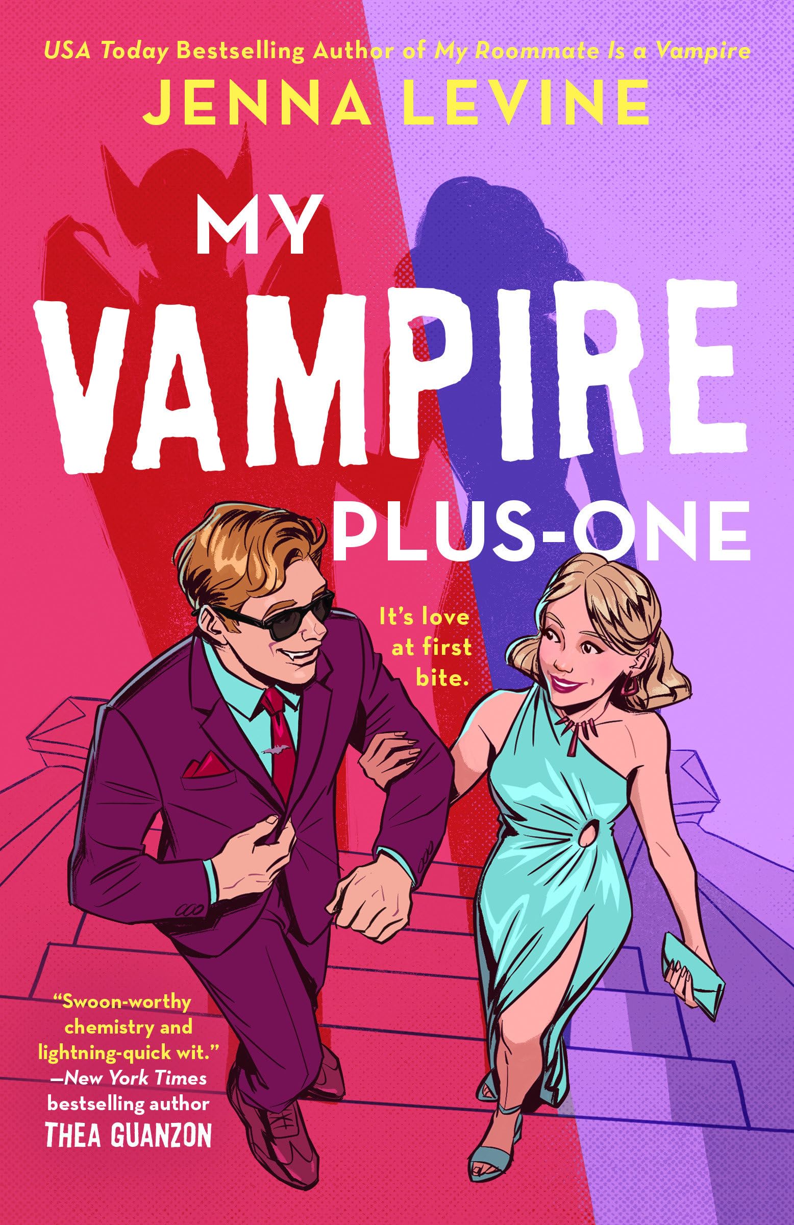 Book cover for 'My Vampire Plus-One' by Jenna Levine. Two people - one male, one female - walk up a flight of stairs against a split background. The male character wears sunglasses and a suit and has a bat-like shadow behind him. The female character wears a blue dress and heels.